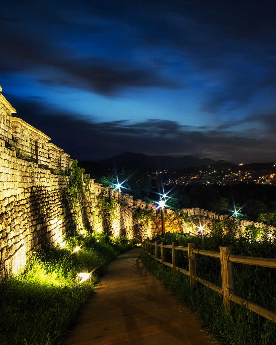 Naksan Fortress Wall at night in Seoul South Korea