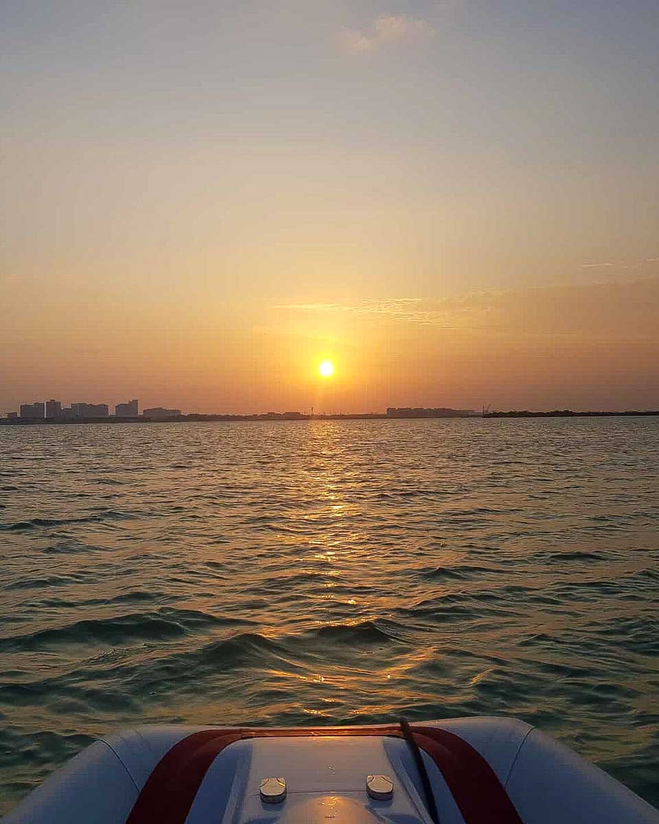 Rhino Rides Abu Dhabi sunset over Abu Dhabi on a speed boat tour in Abu Dhabi