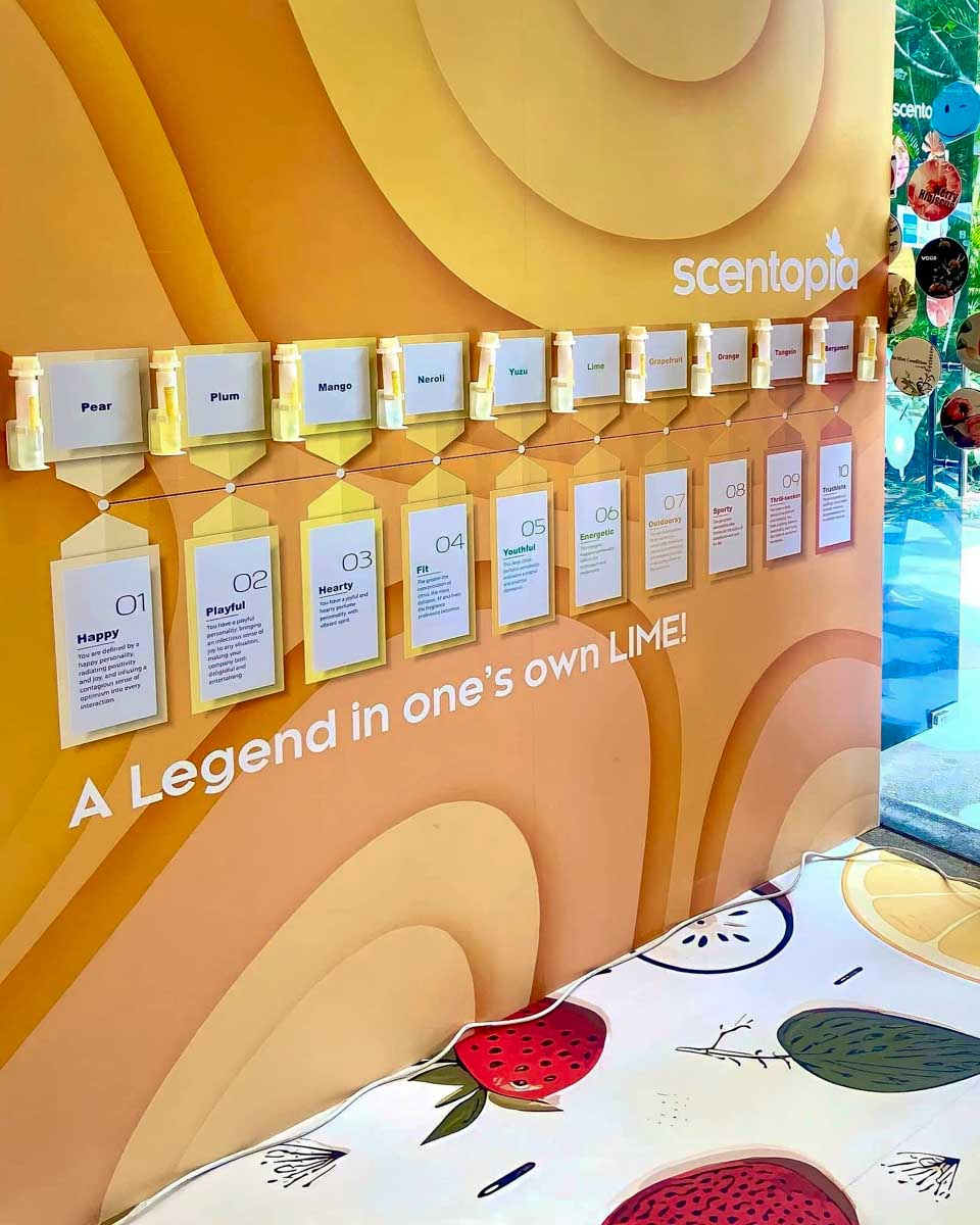 Scentopia a wall with information on different scents during a perfume making class in Singapore