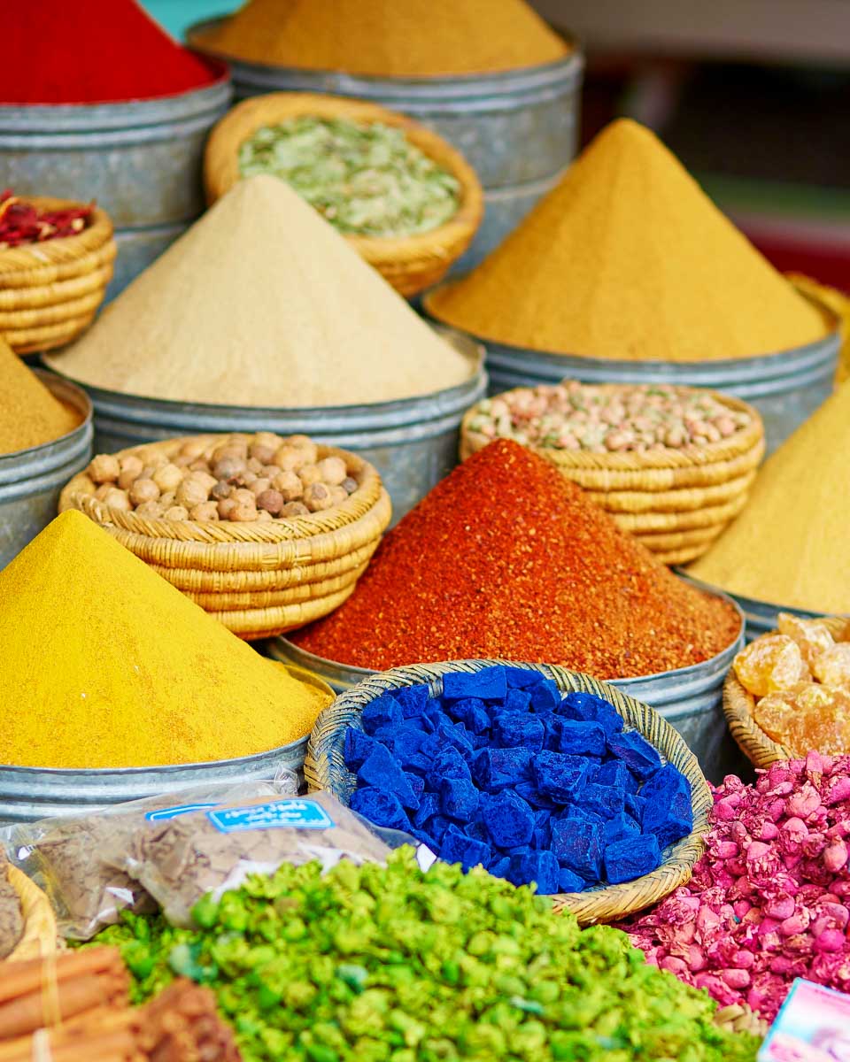 Spices seen at a local market on a street food tour in Casablanca Morocco