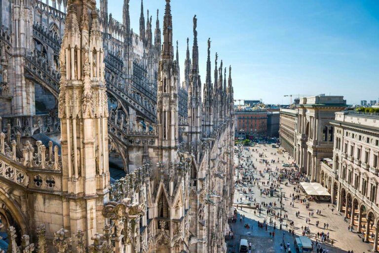 View from roof of Duomo gothic cathedral in Milan Italy