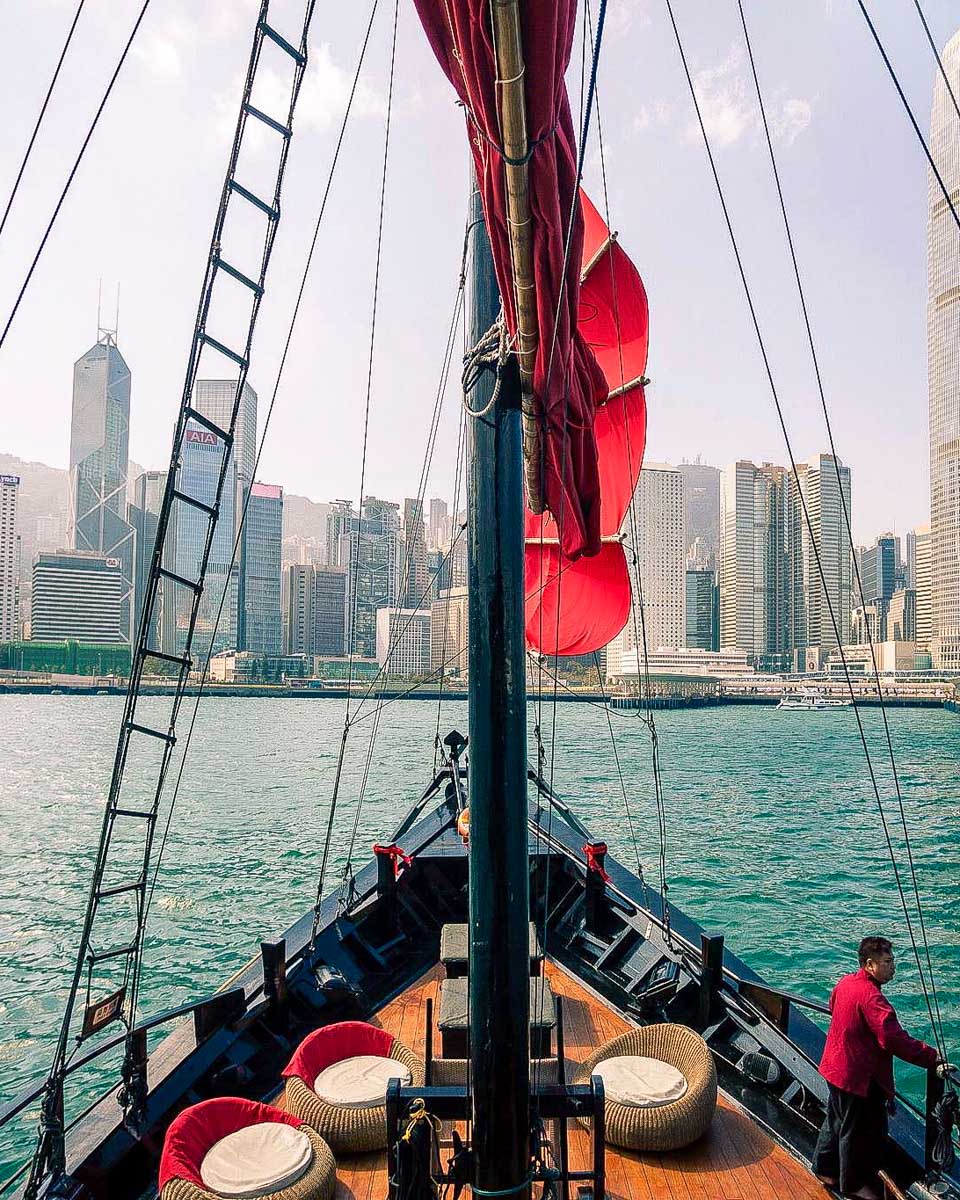 aqua cruise in Victoria Harbour on a tour in Hong Kong