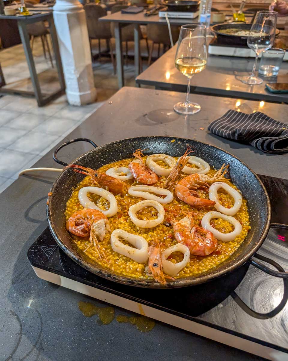 A-pan-with-shrimp-paella-during-a-Paella-making-class-in-Malaga-Spain