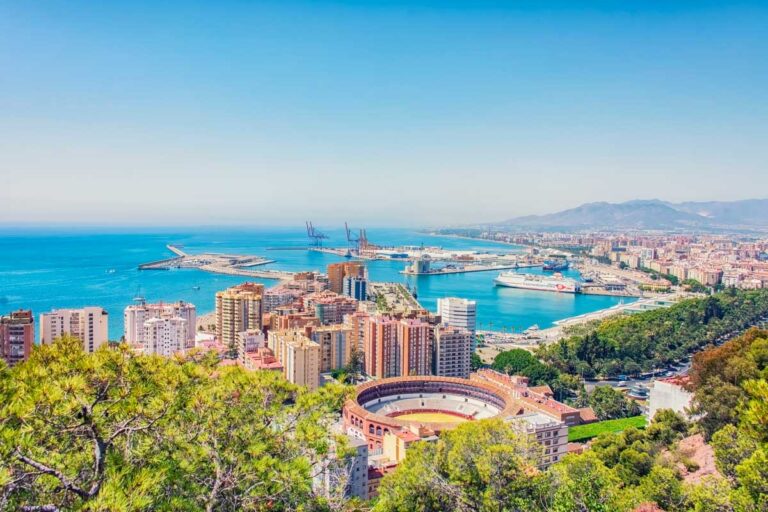A panoramic view over Malaga, Spain and the Mediterranean Sea