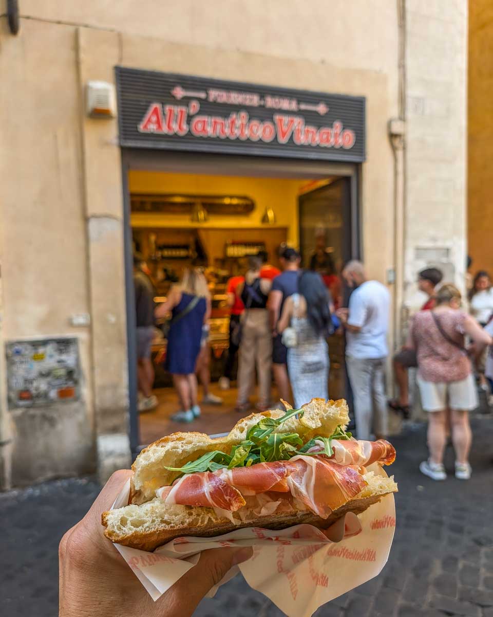A sandwich out the front of All'Antico Vinaio in Rome, Italy