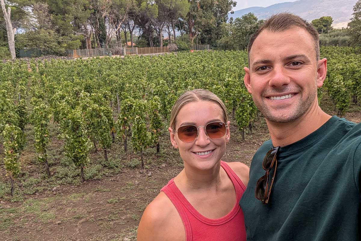 Bailey-and-Daniel-smile-for-a-selfie-at-a-winery-on a tour from Nice France