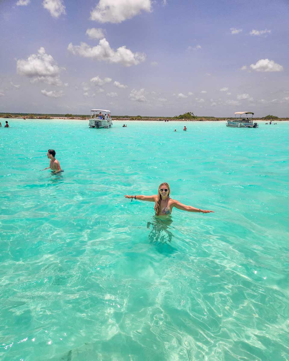 Bailey-swims-in-the-crystal-clear-waters-of-Bacalar-Lagoon-on-a-boat-tour from Costa Maya Mexico