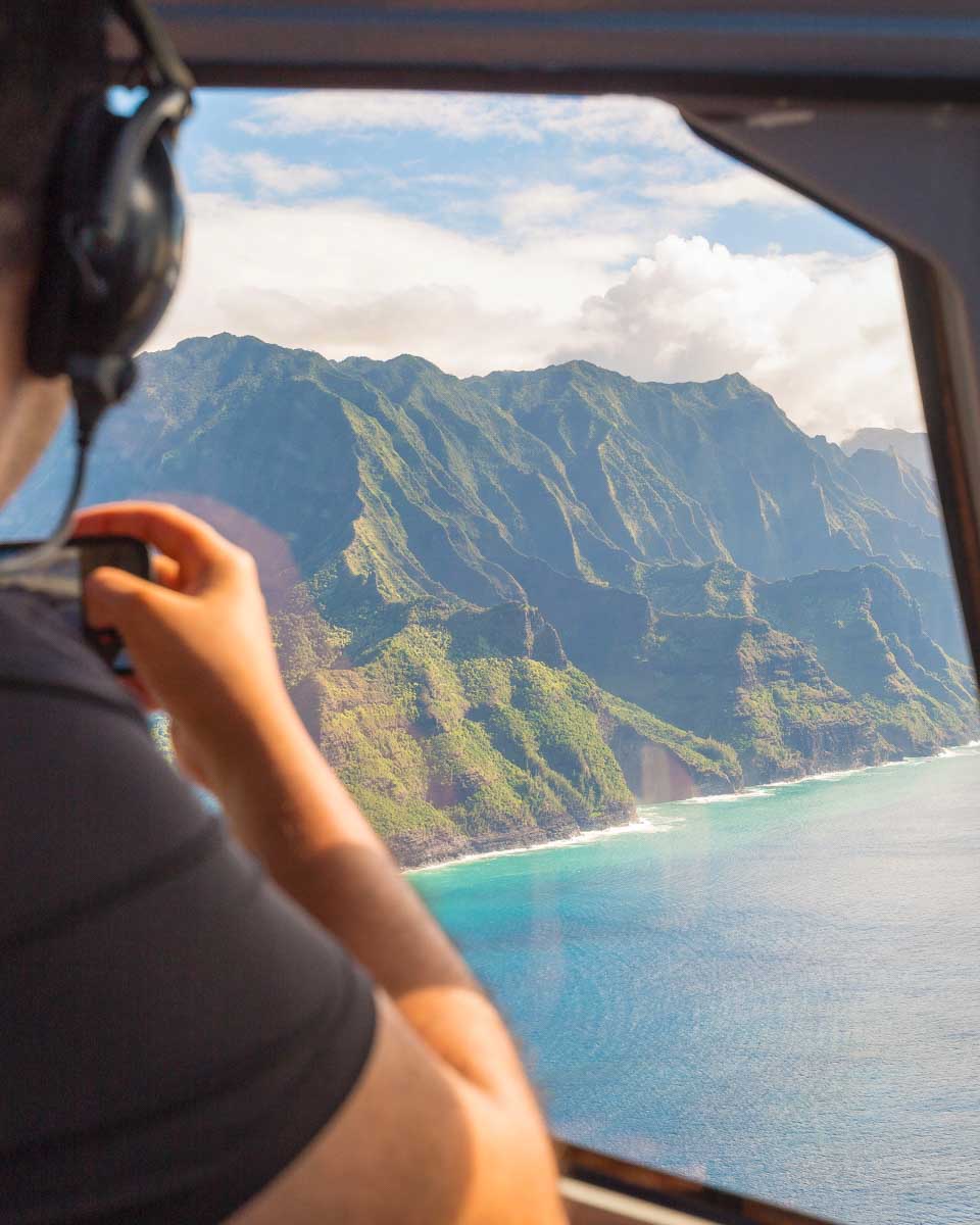 Looking at the Na Pali Coast in Kauai Hawaii from a helicopter