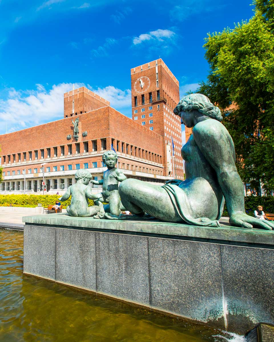 Statue in front of Oslo City Hall in Oslo Norway