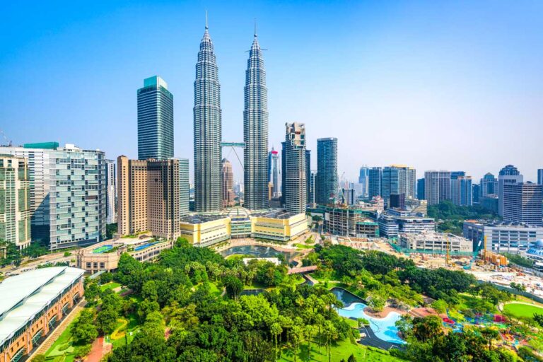 The Kuala Lumpur skyline in Malaysia seen on a sunny day