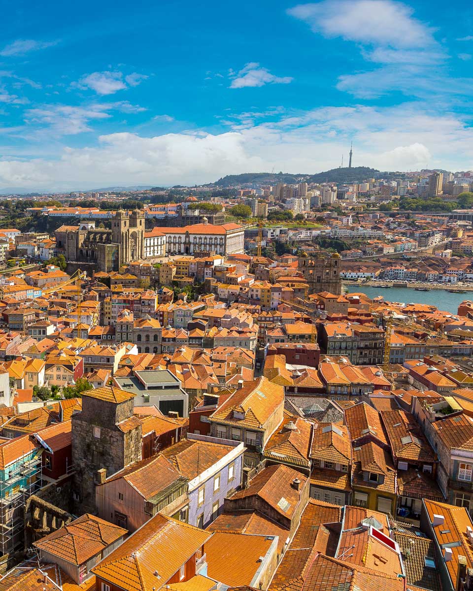 The view of Porto from Clérigos Tower in Porto Portugal
