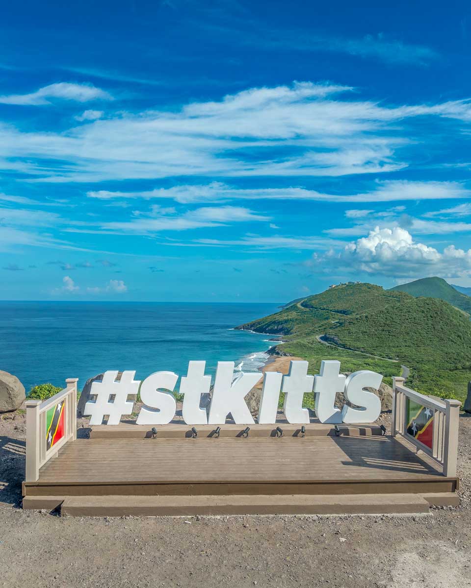 Timothy Hill Lookout and sign seen from St Kitts and Nevis