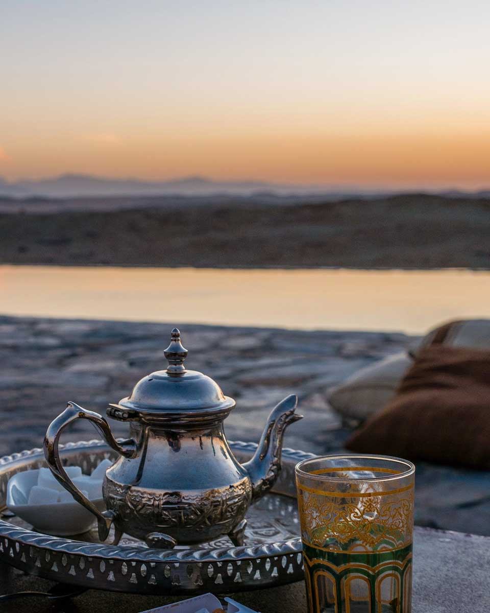 Traditional Berber mint tea at sunset in Marrakech, Morocco