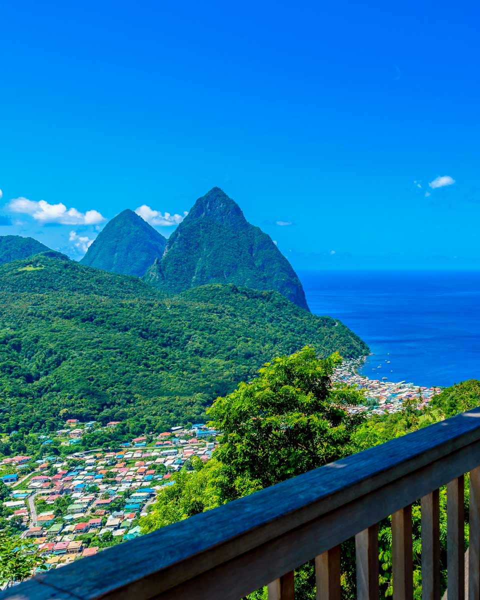 View of the Pitons from a balcony in St Lucia