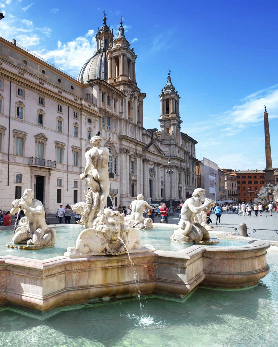 View of the fountain and church at Piazza Navona in Rome, Italy