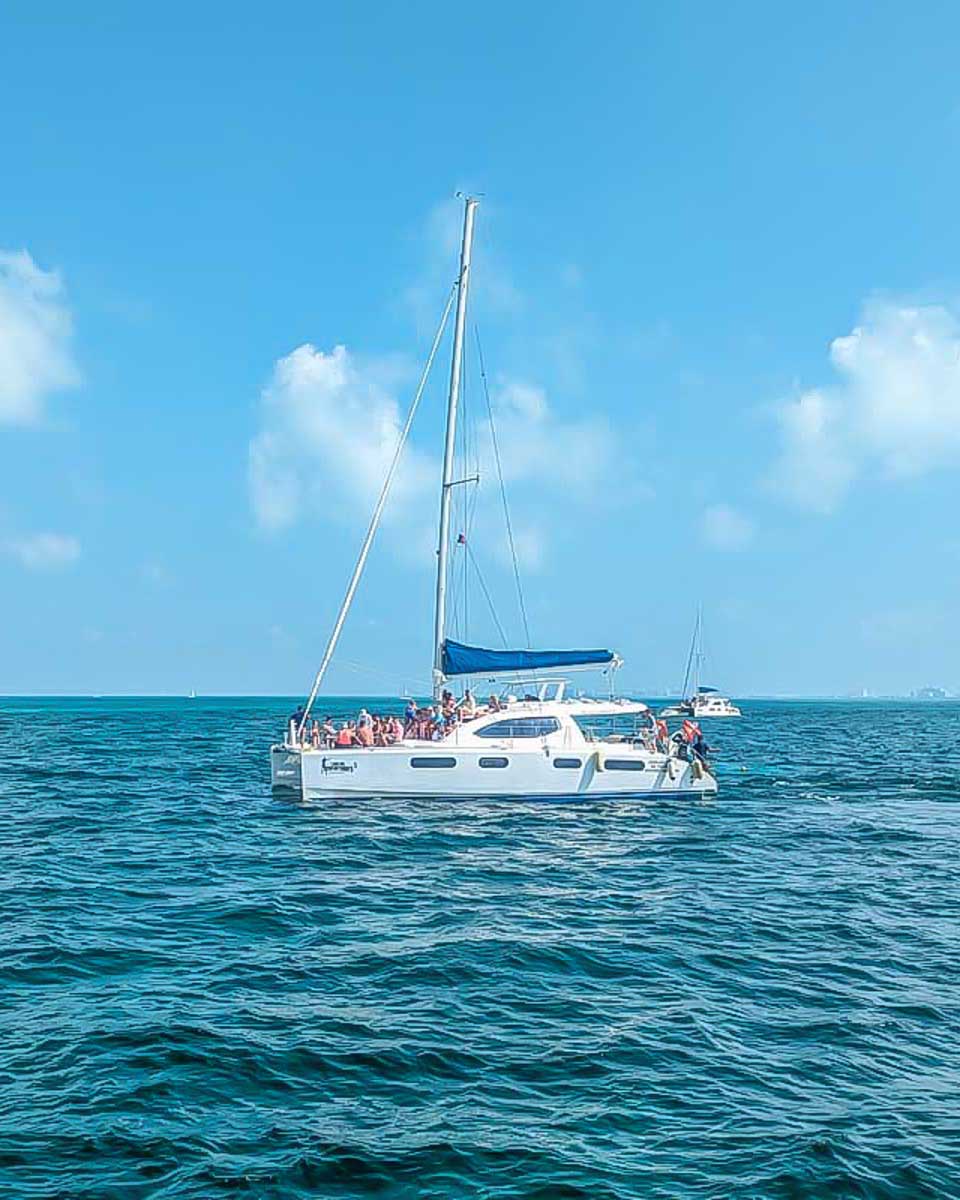 A-catamaran-in-the-beautiful-waters-off-the-coast-of-Palma-De-Mallorca-Spain