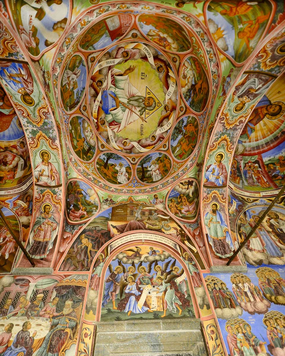 A mural inside of Rila Monastery seen on a tour from Sofia Bulgaria