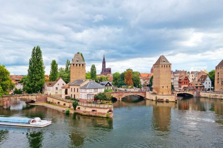 A-panoramic-view-over-the-river-and-buildings-in-Strasbourg-France