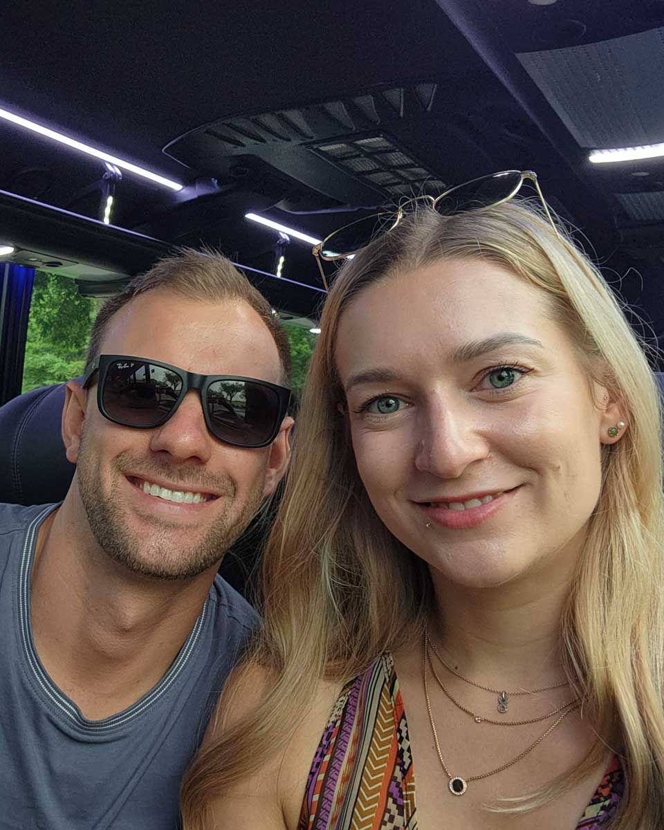 Bailey and Dan take a selfie on the drive up to Mount Lycabettus on an Acropolis tour in Athens