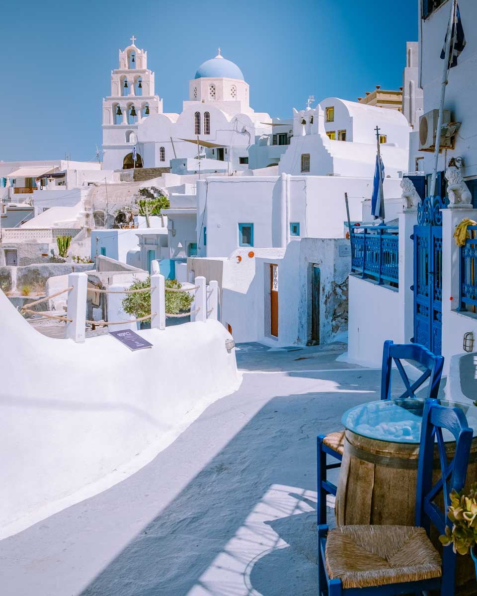 Blue-and-white-buildings-seen-in-Pyrgos-Village-while-on-a-tour-in-Santorini-Greece