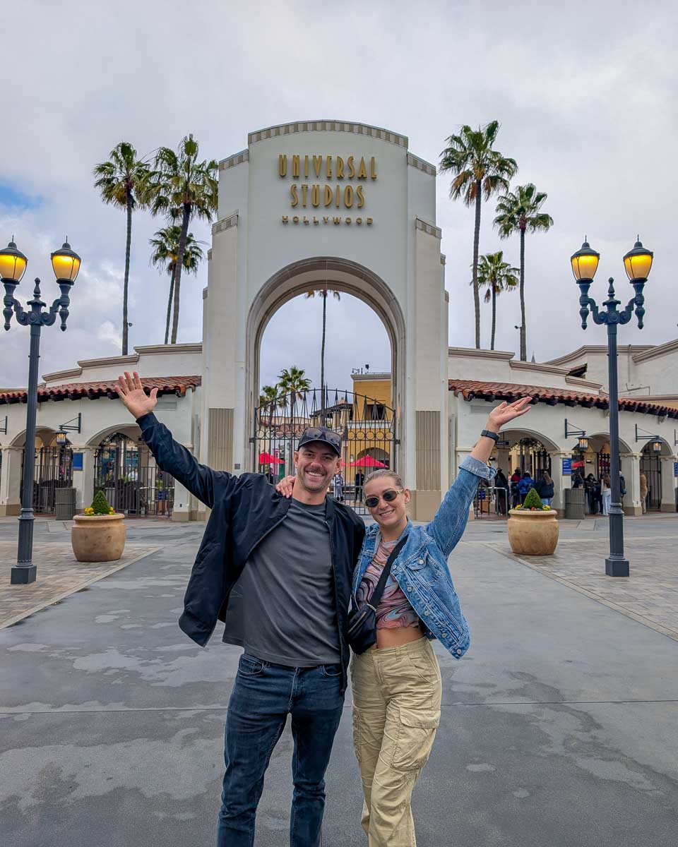 Daniel and Bailey in front of Universal Studios in Los Angeles California United States