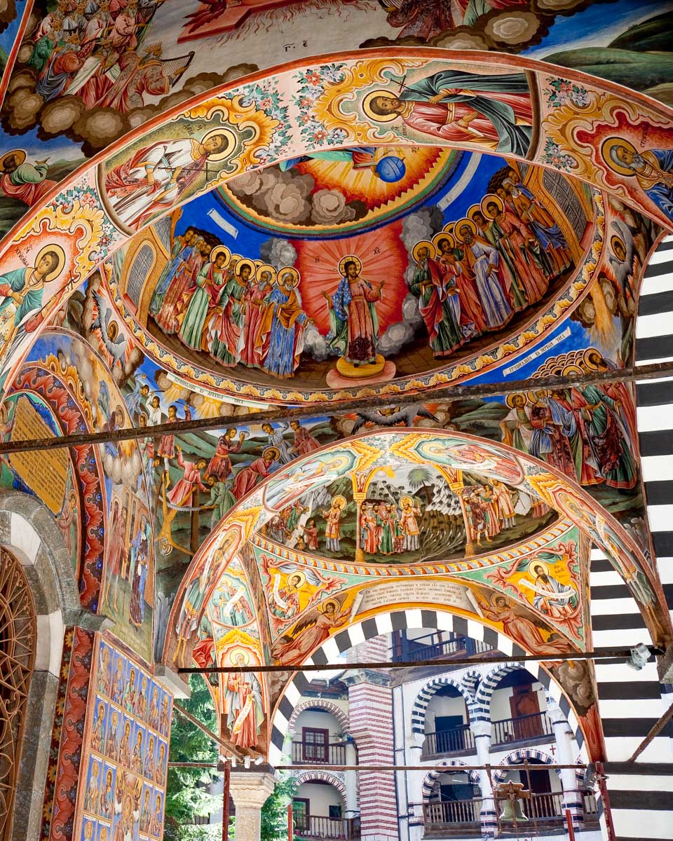 Murals inside Rila Monastery seen on a tour from Sofia Bulgaria