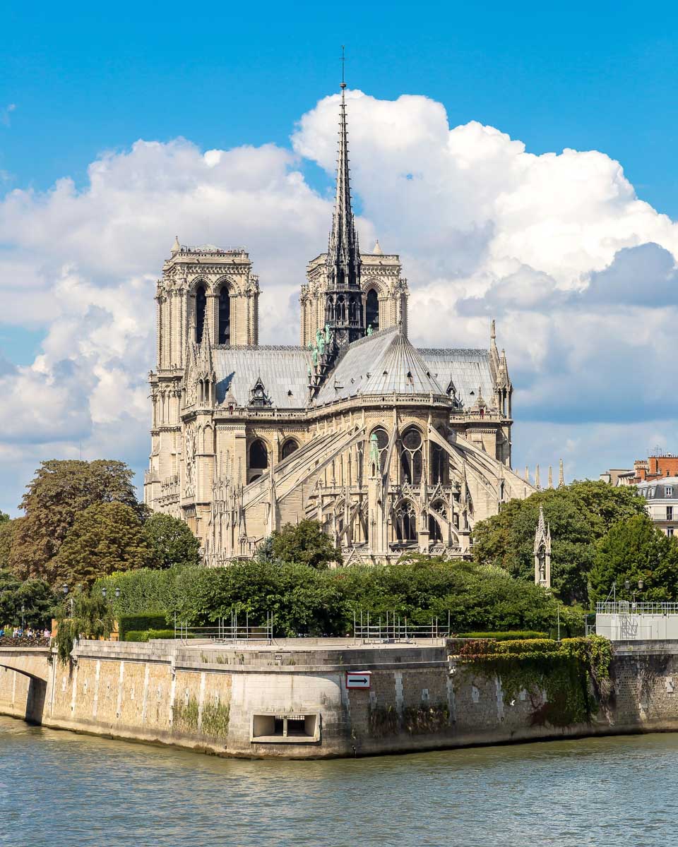 Notre Dame Cathedral seen from the Seine River on a cruise in Paris France