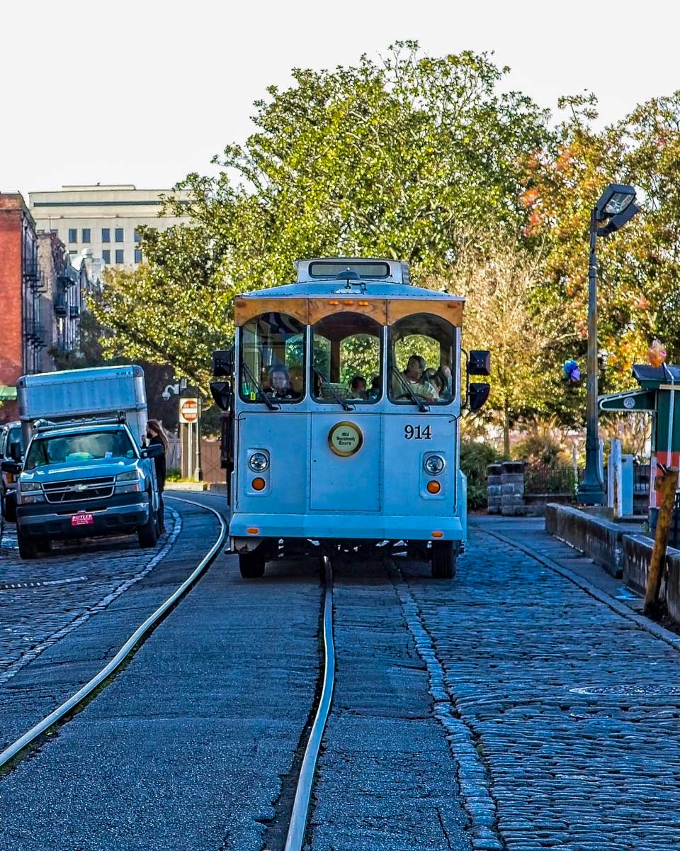 River Street and trolly in Savannah Georgia