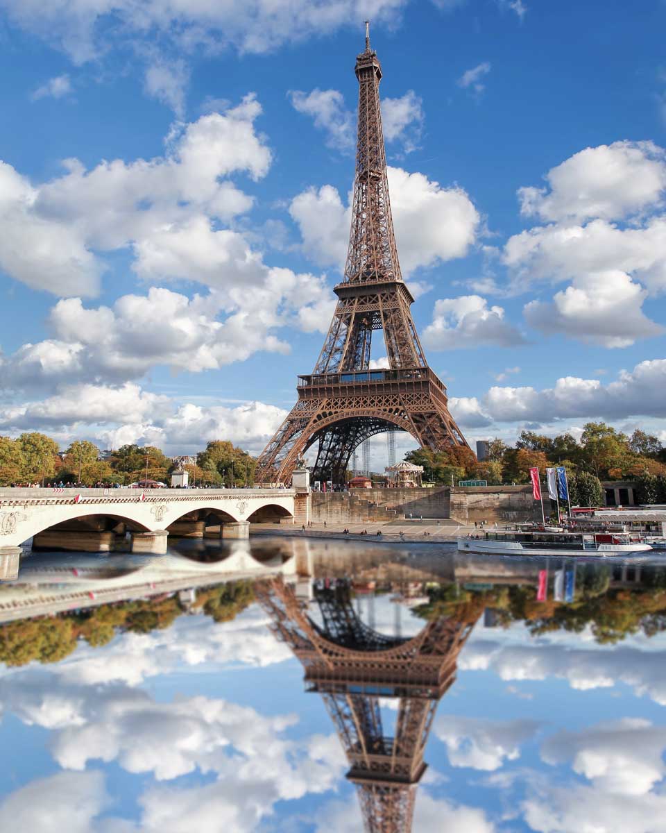 The Eiffel Tower seen from a Seine River cruise in Paris France