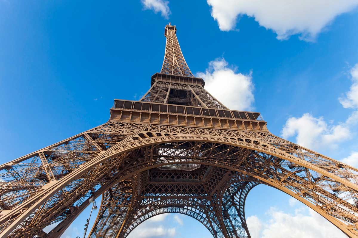The Eiffel Tower seen from below in Paris France