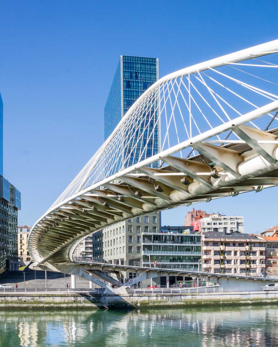 The Zubizuri Bridge seen on a tour in Bilbao Spain