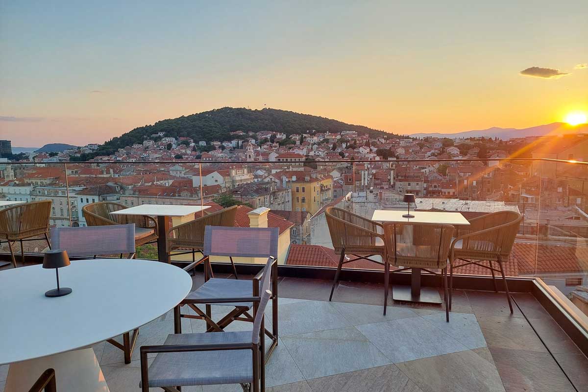 The rooftop bar of Cornaro Hotel at sunset in Split, Croatia