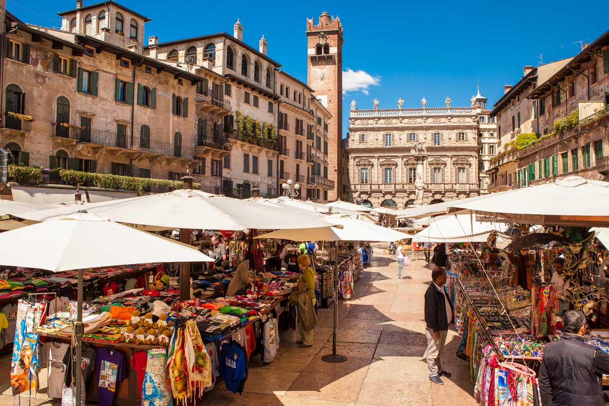 Verona, northern Italy, Piazza delle Erbe & Palazzo Maffei vendors