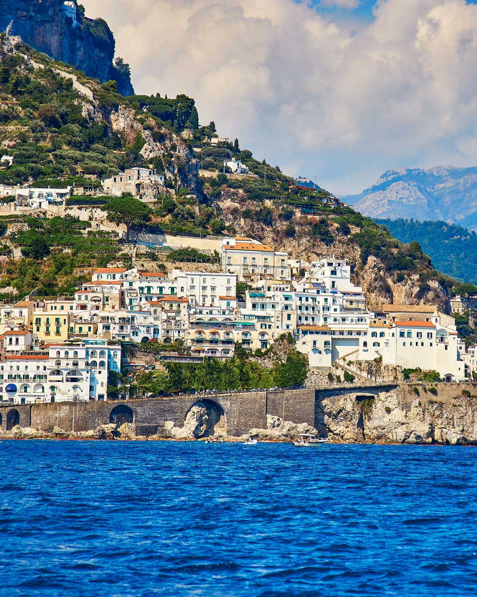 amalfi coast positano seen on a sunset cruise in Italy