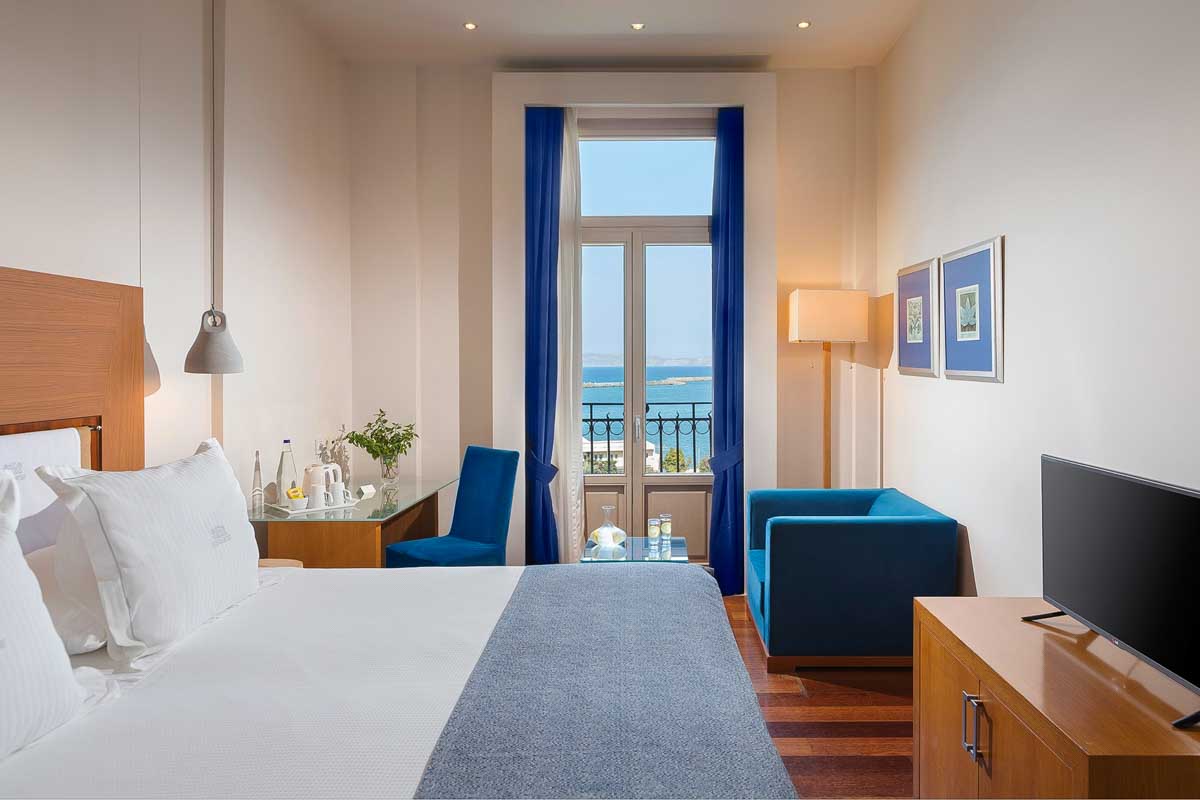 A hotel room with sea view at the GDM Megaron Luxury Hotel in Crete Greece