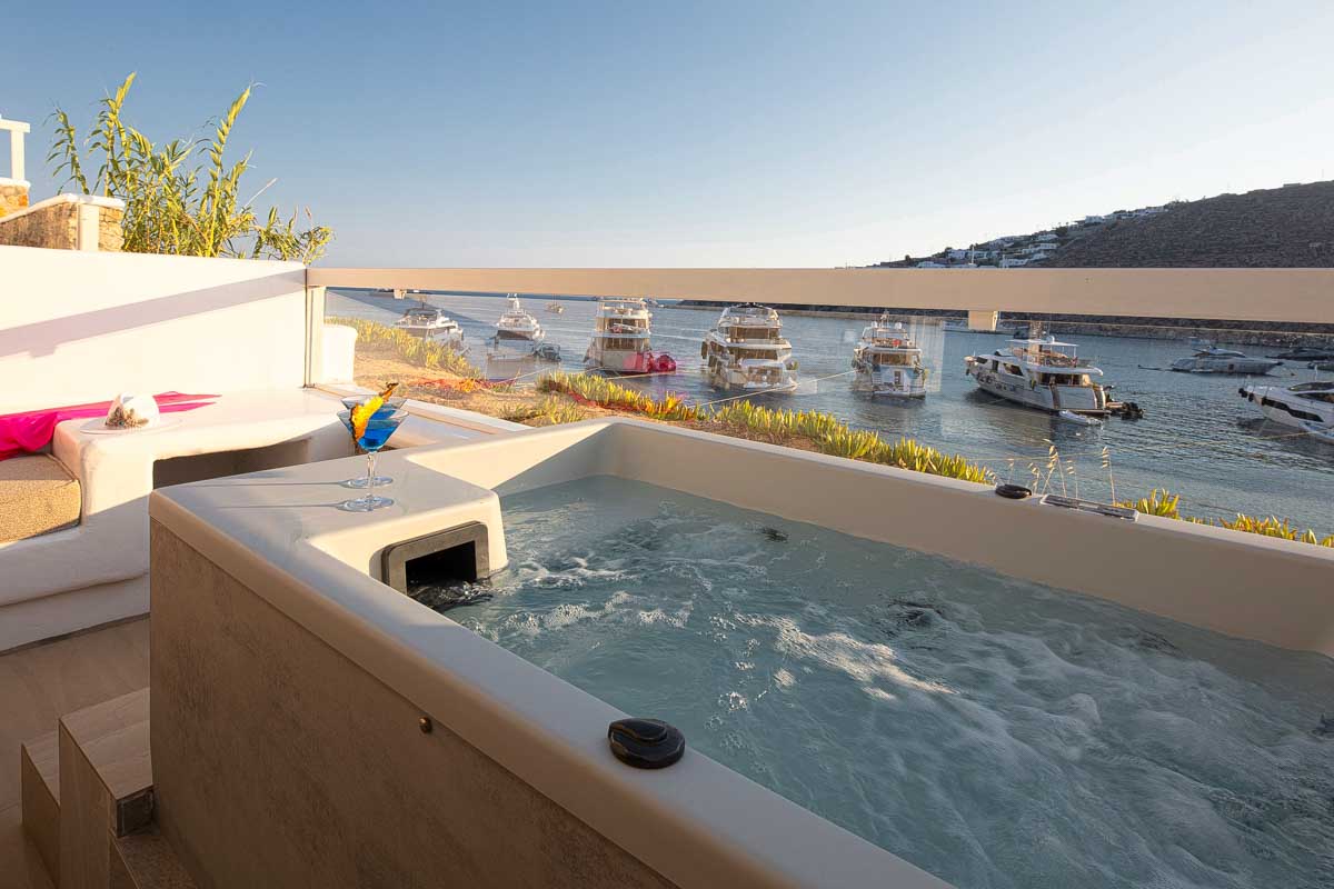 A private hot tub on the terrace at the Nissaki Boutique Hotel in Mykonos Greece
