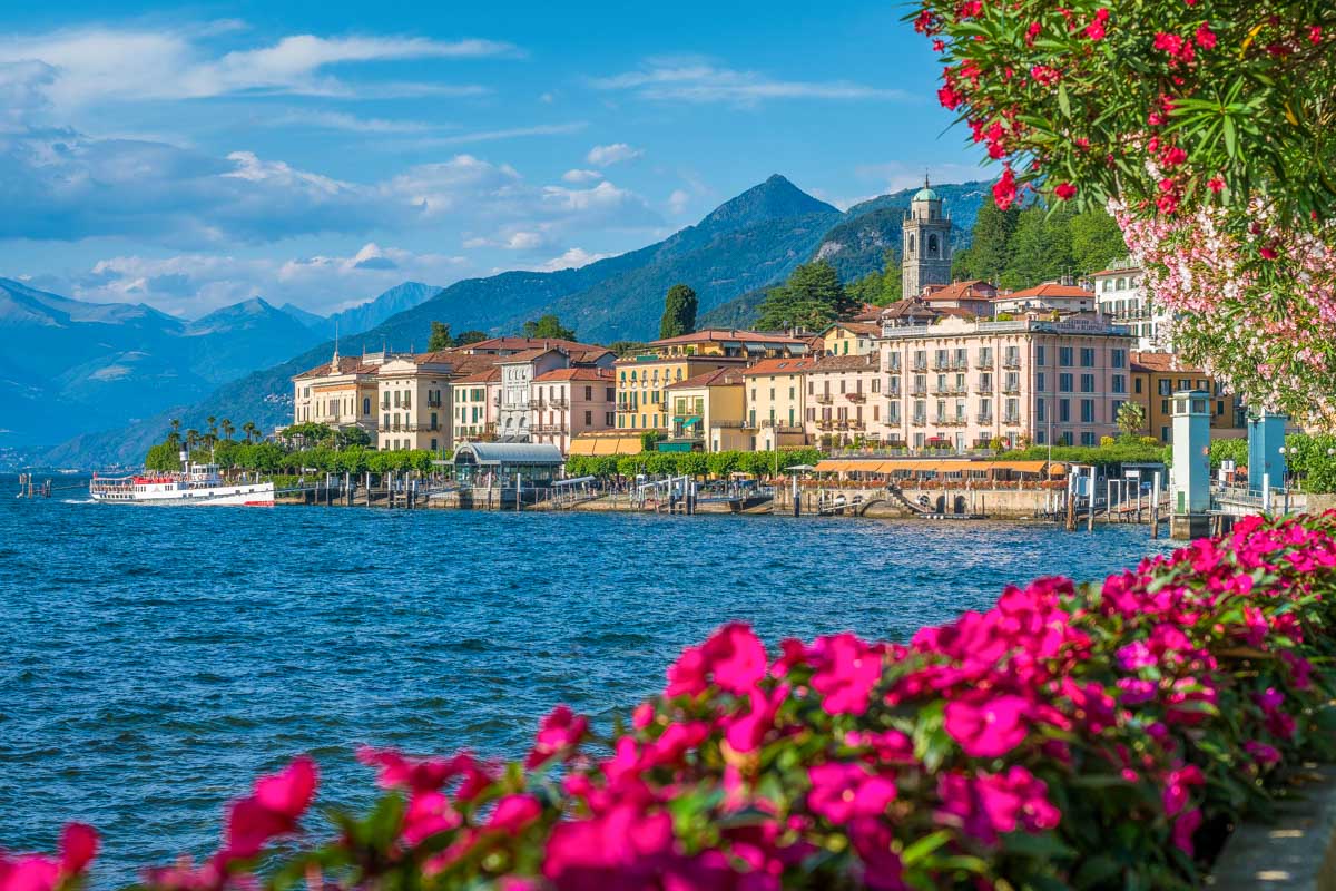 Bellagio waterfront on a sunny summer day, Lake Como Italy
