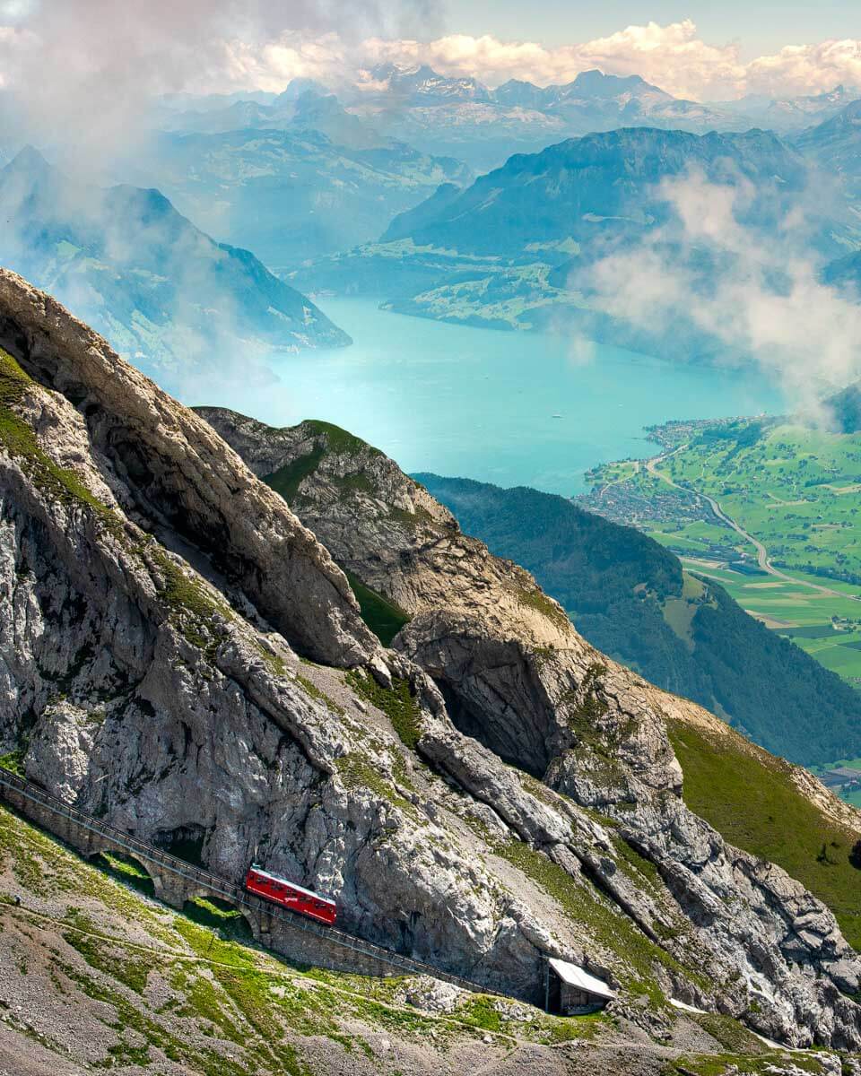 Lake Lucerne seen from a cogwheel up mount pilatus on a tour from Lucerne Switzerland