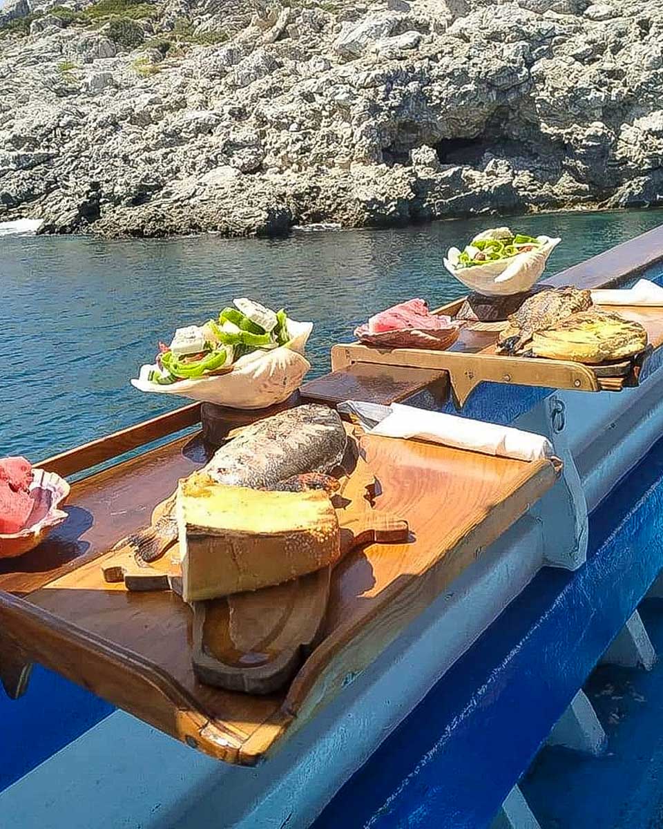 Makarounas Fishing Trip Rhodes lunch served on a fishing trip from Rhodes Greece
