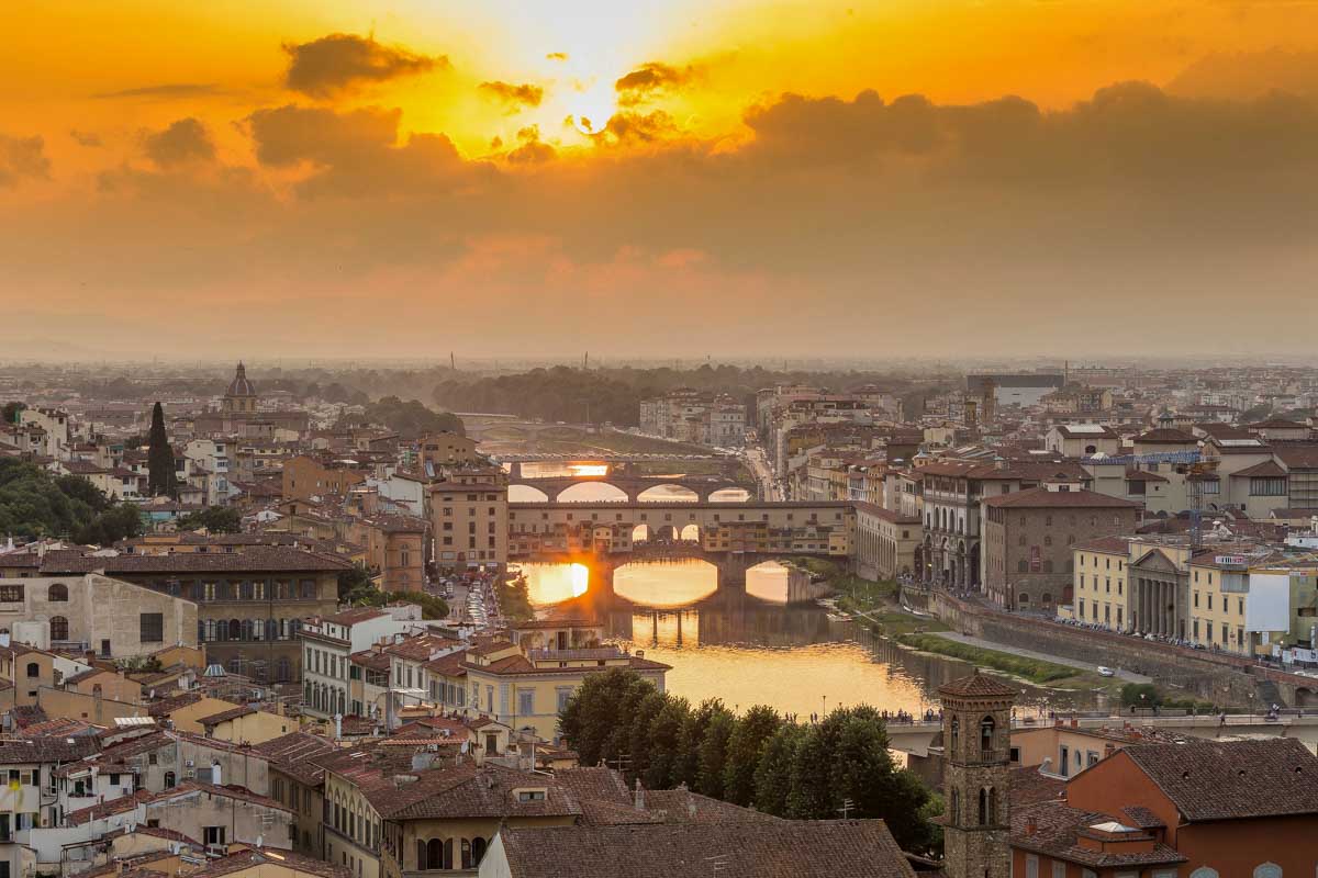 Piazzale Michelangelo view at sunset in Florence Italy