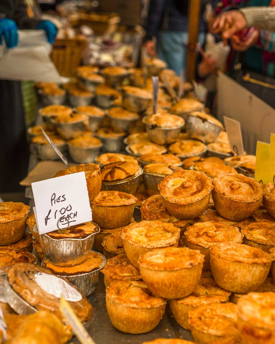 Pies for sale at Borough Market in London England