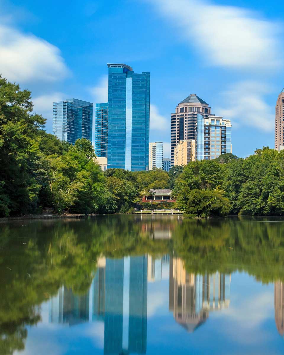 Reflection of the city skyline seen on a lake on a tour in Atlanta Georgia