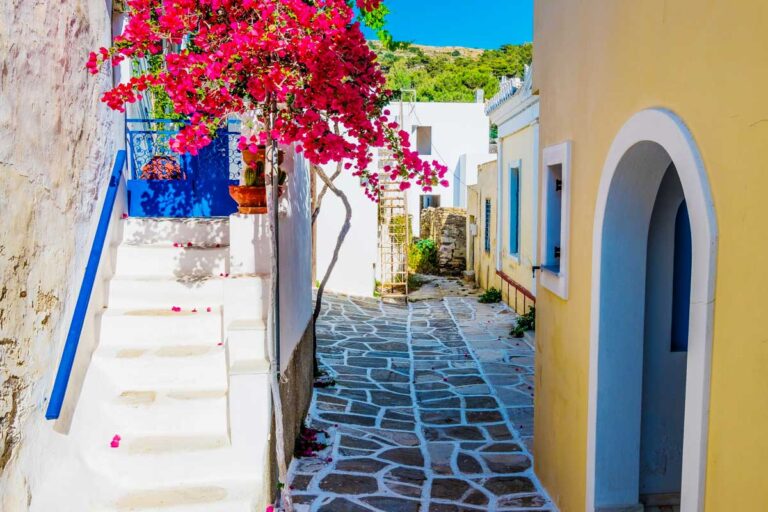 Small colorful houses seen in Lefkes Greece Naxos on a suny day
