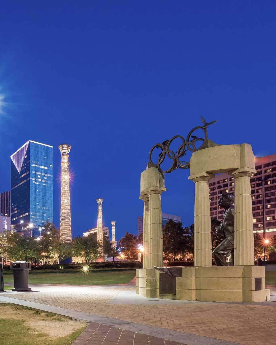 The Centennial Olympic Park at night in Atlanta Georgia