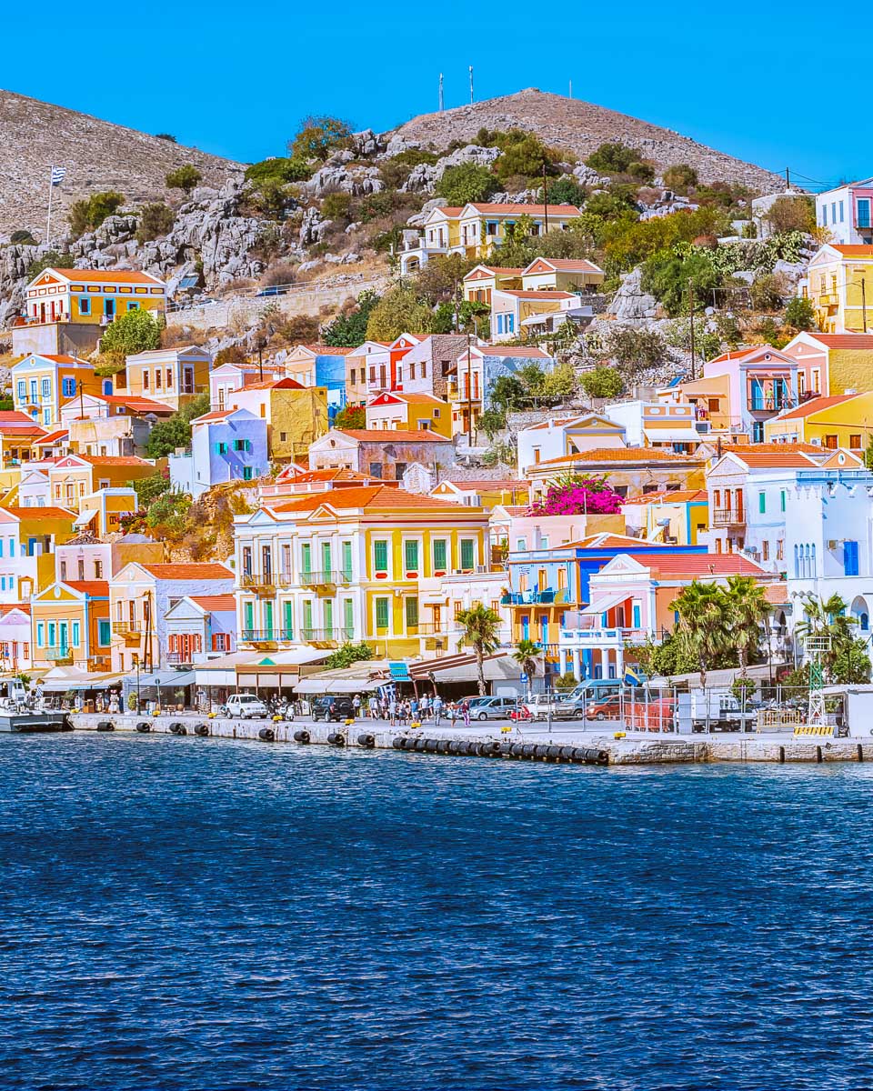 The view of symi island from a boat on a cruise from Rhodes greece