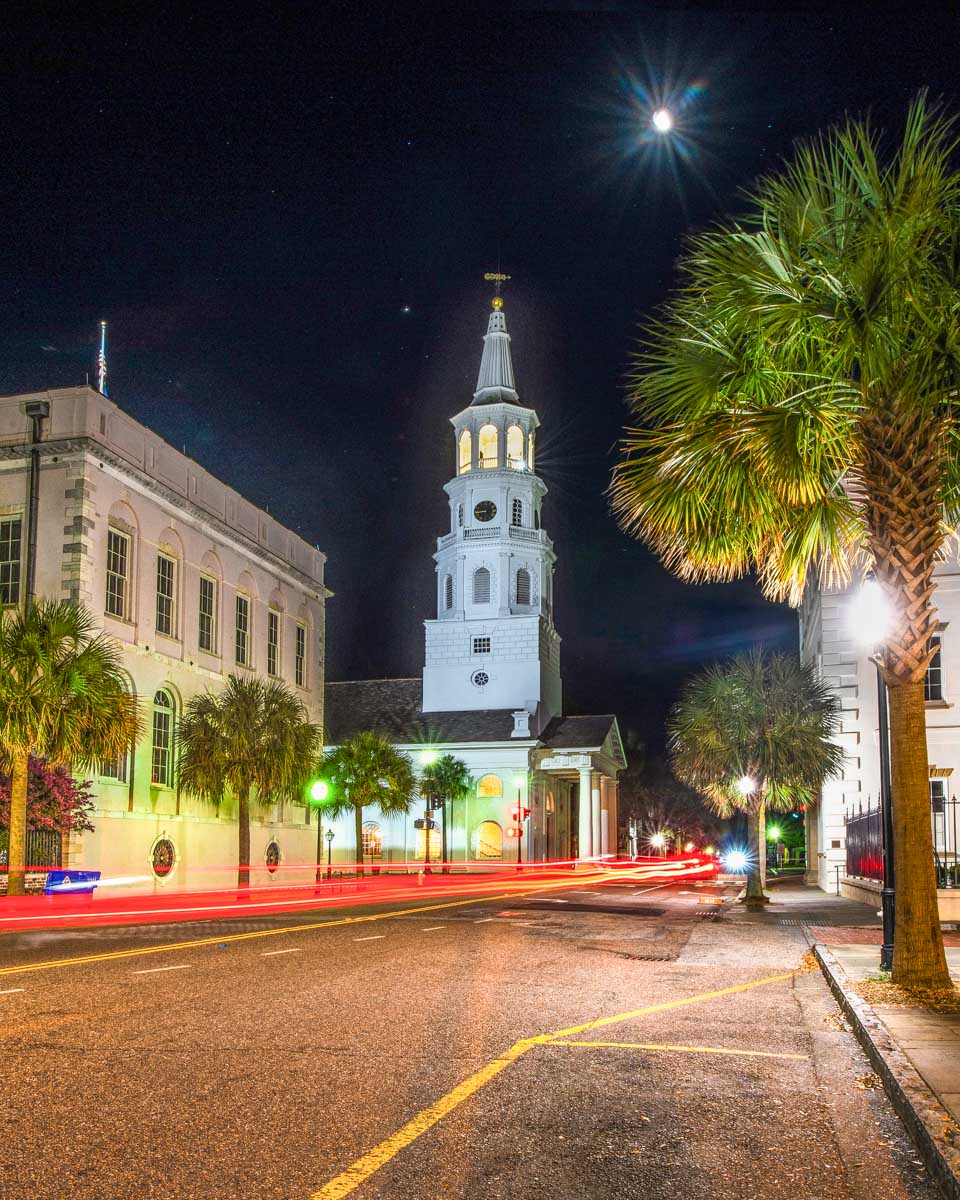 A street in Charleston seen at night on a tour South Carolina