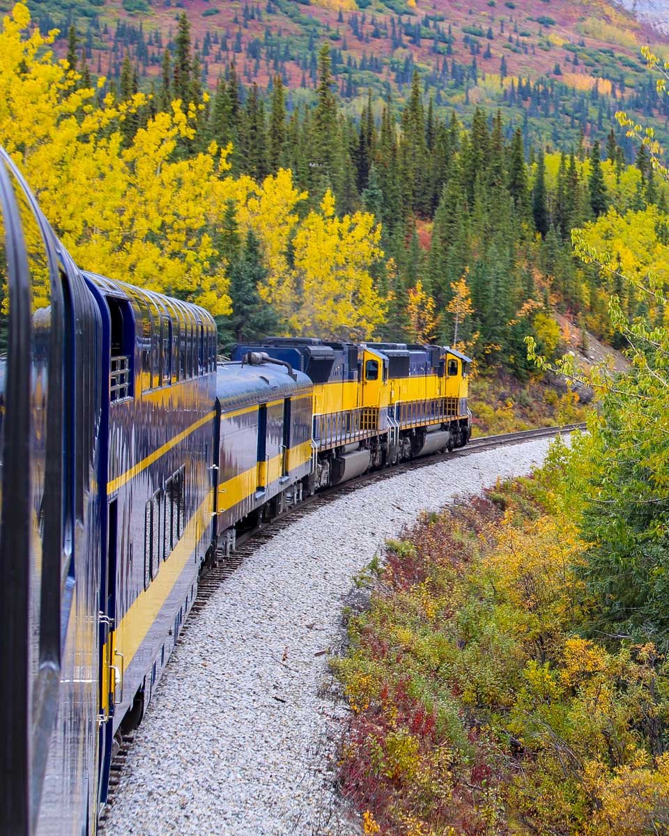 A train on the Alaska Railroad to Seward from Anchorage Alaska
