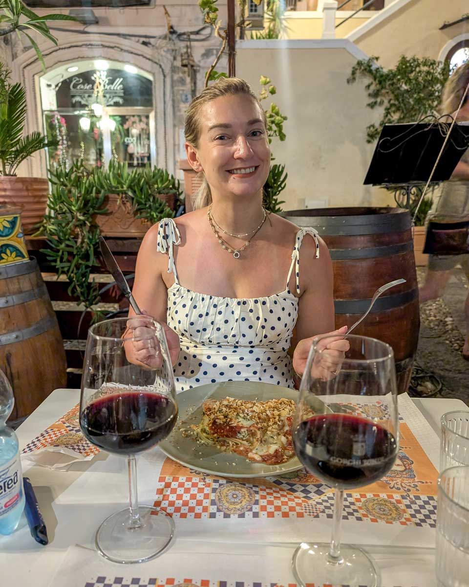 Bailey eats dinner with wine in Barcelona Spain