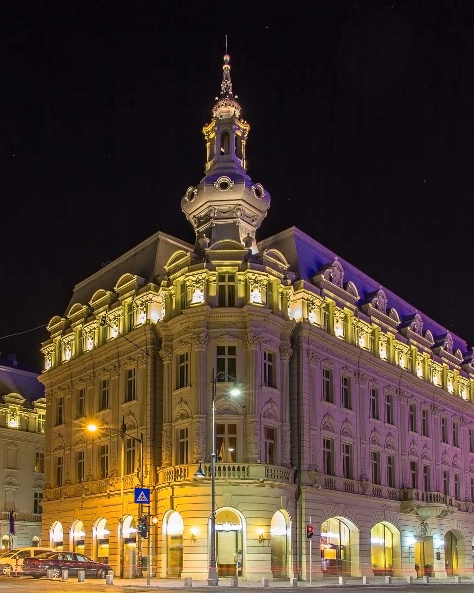 Bucharest building at night on a ghost tour in Romania
