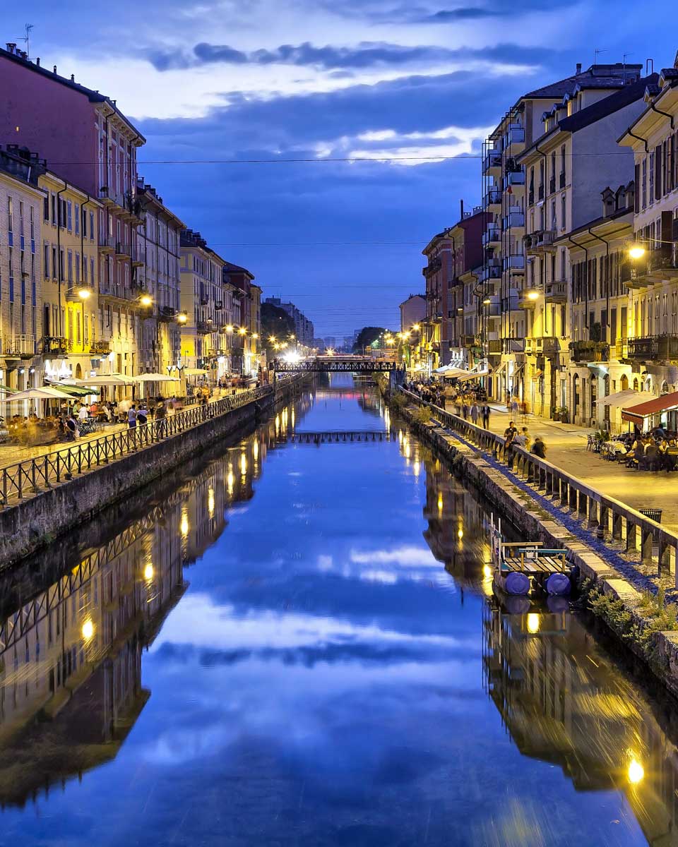 Navigli Grande canal in the evening Milan Italy